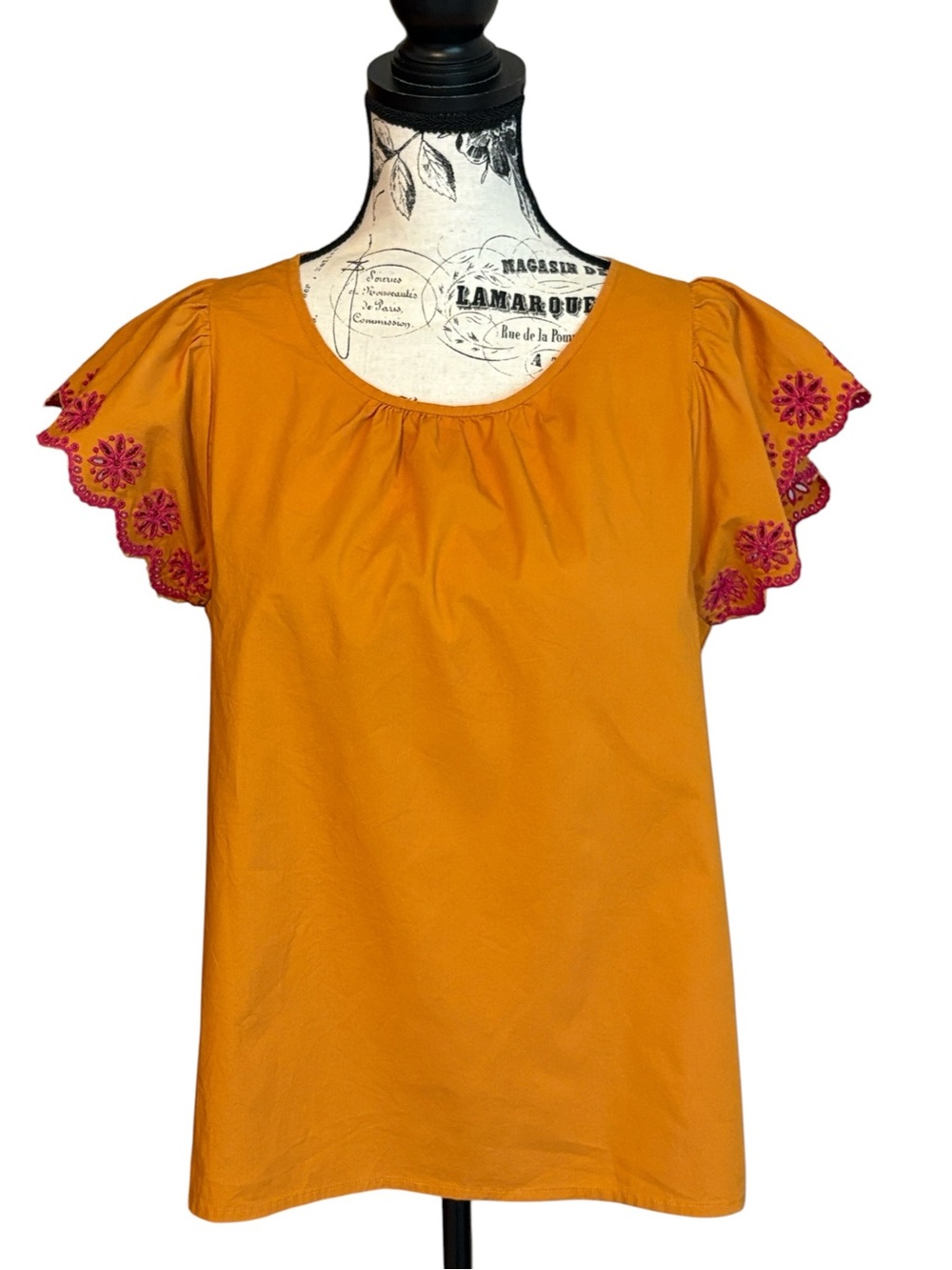 J. Crew Embroidered Flutter Sleeve Top Eyelet Gold and Pink Size S